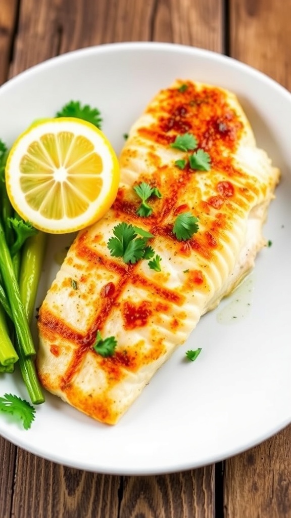 Air fryer tilapia fillet garnished with parsley and lemon, served with vegetables on a rustic table.